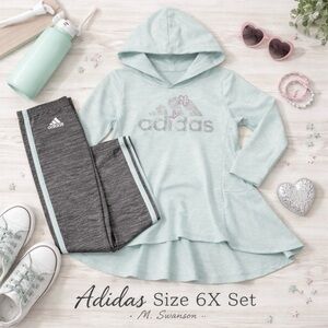 Adidas Girls 6X Light Green Hooded Top & Gray Stripe Leggings Set Glitter Logo